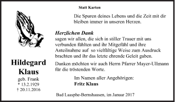 Traueranzeige von Hildegard Klaus von Siegener Zeitung