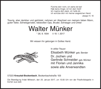 Traueranzeige von Walter Münker von Siegener Zeitung