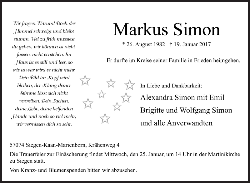  Traueranzeige für Markus Simon vom 21.01.2017 aus Siegener Zeitung