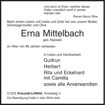 Traueranzeige von Erna Mittelbach von Siegener Zeitung