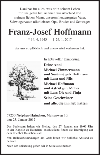 Traueranzeige von Franz-Josef Hoffmann von Siegener Zeitung
