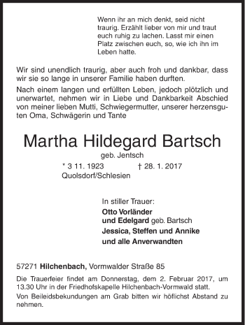 Traueranzeige von Martha Hildegard Bartsch von Siegener Zeitung