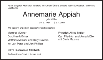 Traueranzeige von Annemarie Appiah von Siegener Zeitung
