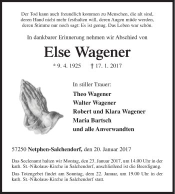 Traueranzeige von Else Wagener von Siegener Zeitung