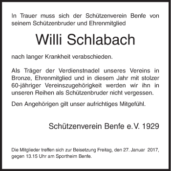 Traueranzeige von Willi Schlabach von Siegener Zeitung