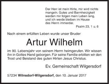 Traueranzeige von Artur Wilhelm von Siegener Zeitung