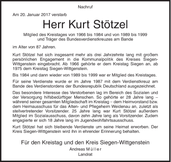 Traueranzeige von Kurt Stötzel von Siegener Zeitung