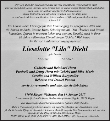 Traueranzeige von Lieselotte Diehl von Siegener Zeitung