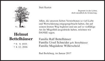 Traueranzeige von Helmut Bettelhäuser von Siegener Zeitung