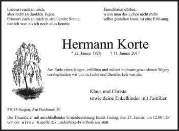 Traueranzeige von Hermann Korte von Siegener Zeitung