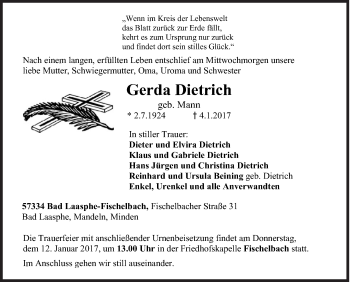 Traueranzeige von Gerda Dietrich von Siegener Zeitung
