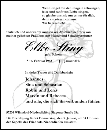 Traueranzeige von Elke Sting von Siegener Zeitung