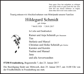 Traueranzeige von Hildegard Schmidt von Siegener Zeitung