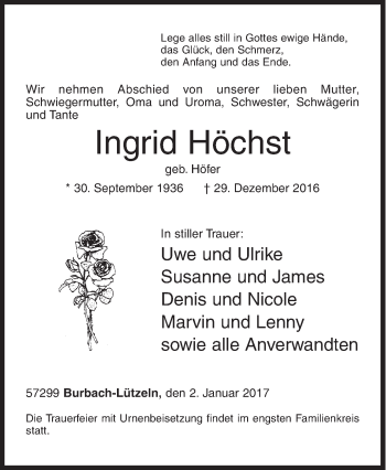 Traueranzeige von Ingrid Höchst von Siegener Zeitung