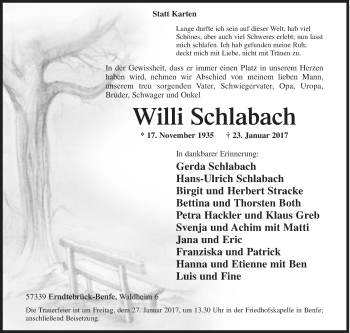 Traueranzeige von Willi Schlabach von Siegener Zeitung