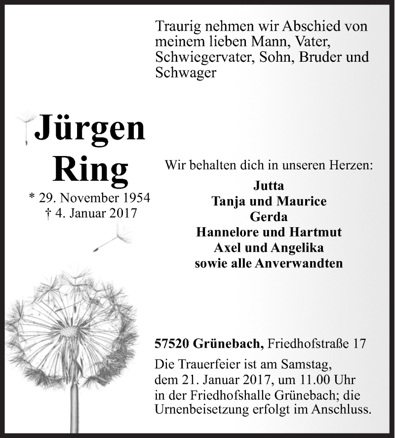  Traueranzeige für Jürgen Ring vom 07.01.2017 aus Siegener Zeitung