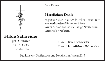 Traueranzeige von Hilde Schneider von Siegener Zeitung