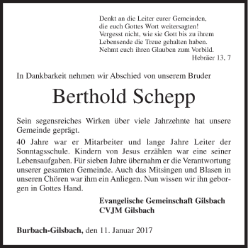 Traueranzeige von Berthold Schepp von Siegener Zeitung