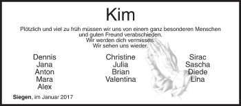 Traueranzeige von Kim  von Siegener Zeitung