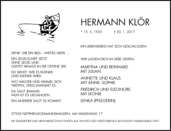 Traueranzeige von Hermann Klör von Siegener Zeitung