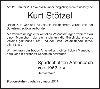 Traueranzeige von Kurt Stötzel von Siegener Zeitung