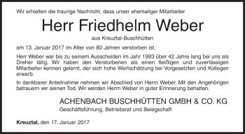 Traueranzeige von Friedhelm Weber von Siegener Zeitung