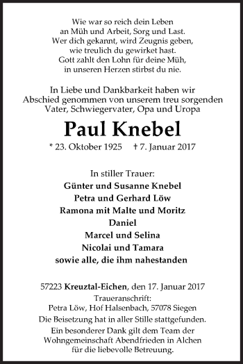 Traueranzeige von Paul Knebel von Siegener Zeitung