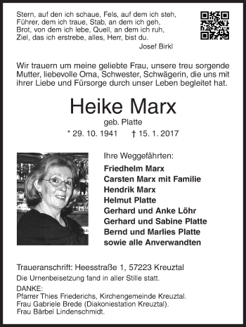 Traueranzeige von Heike Marx von Siegener Zeitung