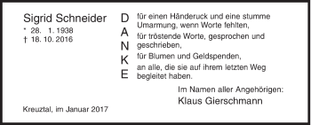 Traueranzeige von Sigrid Schneider von Siegener Zeitung