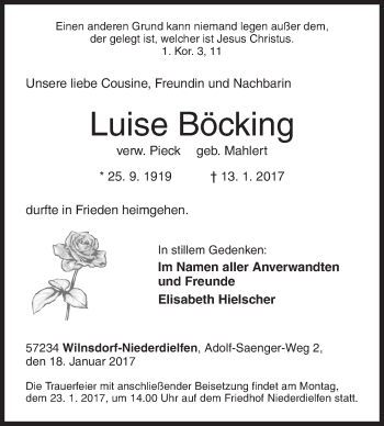 Traueranzeige von Luise Böcking von Siegener Zeitung