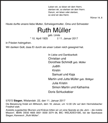 Traueranzeige von Roth Müller von Siegener Zeitung