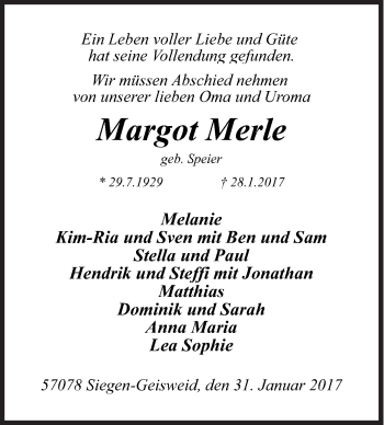 Traueranzeige von Margot Merle von Siegener Zeitung