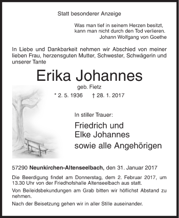 Traueranzeige von Erika Johannes von Siegener Zeitung