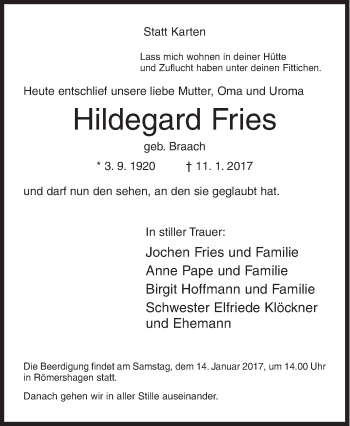Traueranzeige von Hildegard Fries von Siegener Zeitung