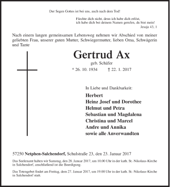 Traueranzeige von Gertrud Ax von Siegener Zeitung