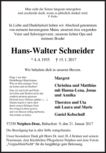 Traueranzeige von Hans-Walter Schneider von Siegener Zeitung
