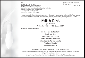 Traueranzeige von Edith Rink von Siegener Zeitung