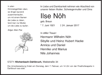 Traueranzeige von Ilse Nöh von Siegener Zeitung