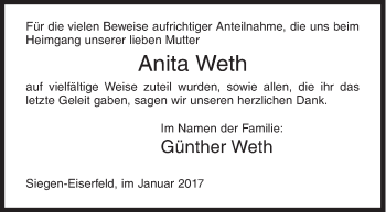 Traueranzeige von Anita Weth von Siegener Zeitung