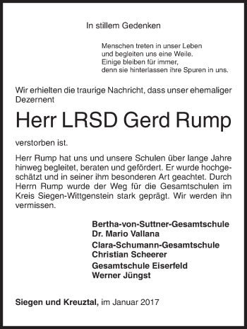 Traueranzeige von Gerd Rump von Siegener Zeitung