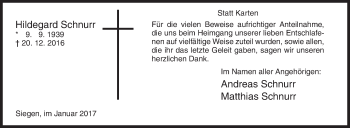 Traueranzeige von Hildegard Schnurr von Siegener Zeitung