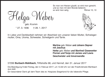 Traueranzeige von Helga Weber von Siegener Zeitung