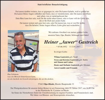 Traueranzeige von Heiner  Gastreich von Siegener Zeitung