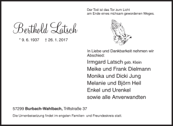 Traueranzeige von Berthold Latsch von Siegener Zeitung