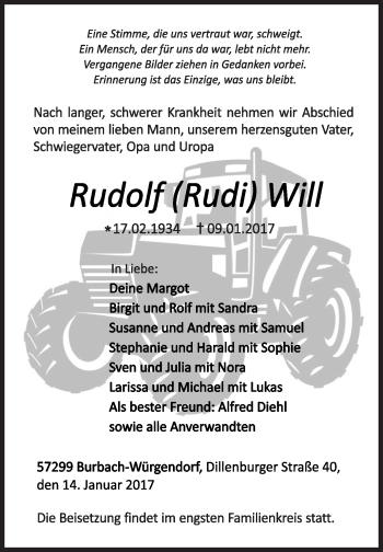 Traueranzeige von Rudolf Will von Siegener Zeitung