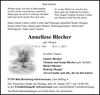 Traueranzeige von Anneliese Blecher von Siegener Zeitung