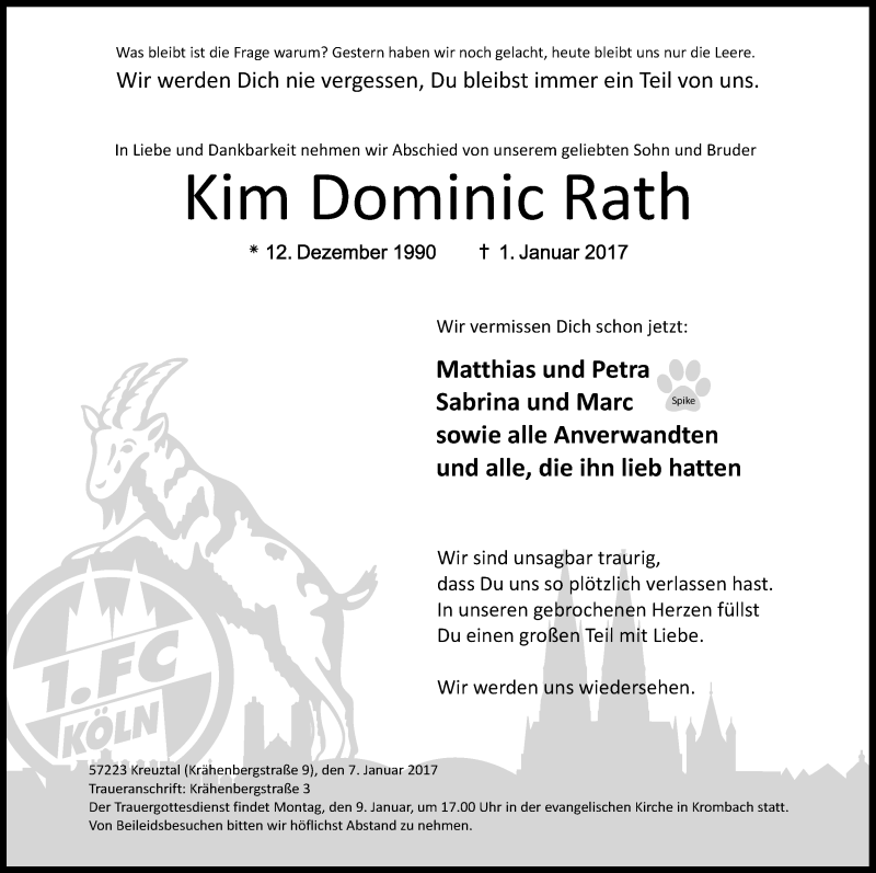  Traueranzeige für Kim Dominic Rath vom 07.01.2017 aus Siegener Zeitung