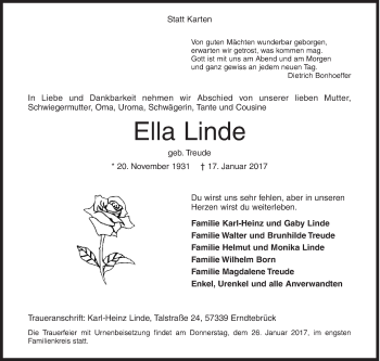 Traueranzeige von Ella Linde von Siegener Zeitung