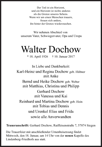 Traueranzeige von Walter Dochow von Siegener Zeitung