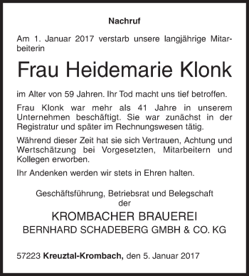 Traueranzeige von Heidemarie Klonk von Siegener Zeitung
